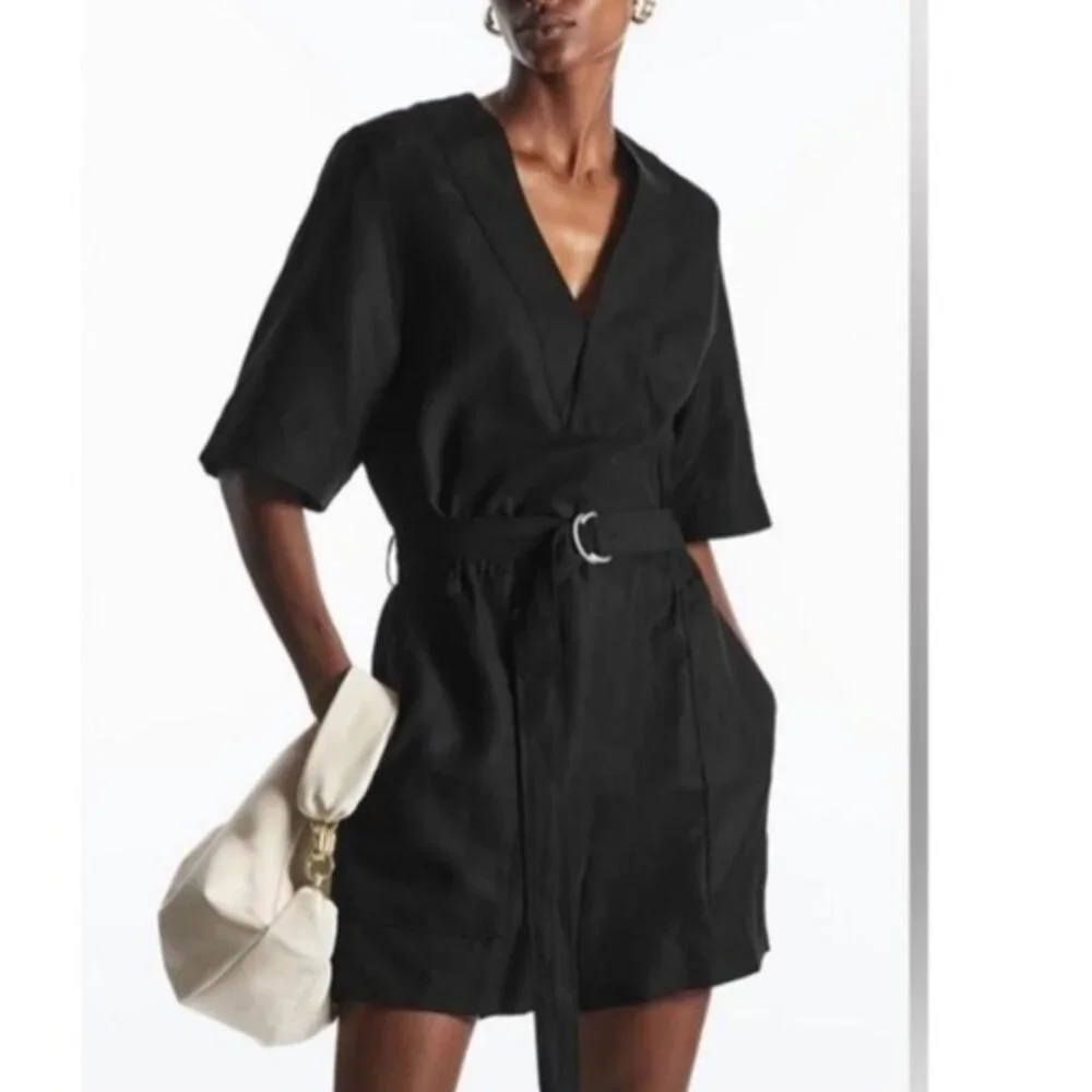 NWT COS Black Linen Blend Belted V-neck Romper Minimalist Summer Women's 6